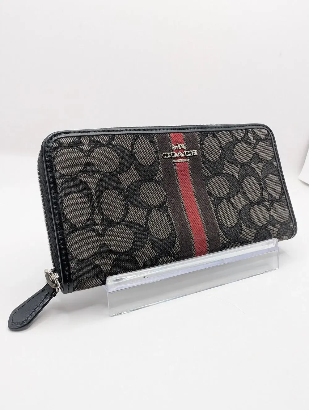 Authentic Coach Signature Varsity Stripe Zip Around Wallet Black Red